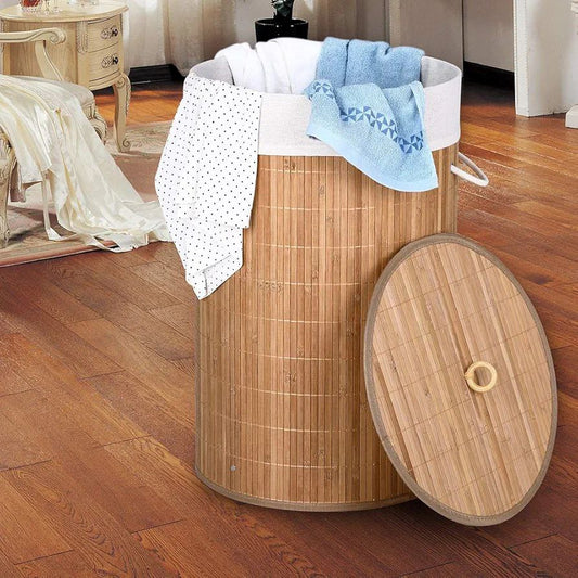 باسكت غسيل بامبو مبطن بكتان | Round Seagrass Laundry Basket – Bamboo & Linen Lined