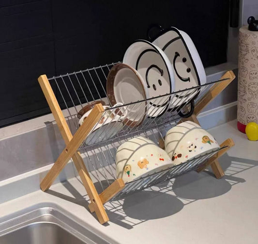Foldable 2-Tier Dish Drying Rack — Wood & Metal