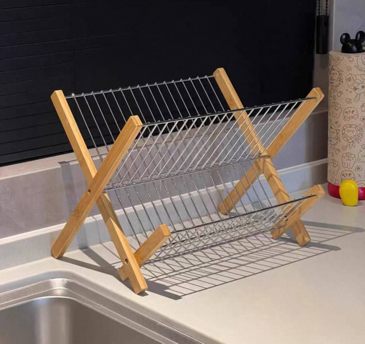 Foldable 2-Tier Dish Drying Rack — Wood & Metal