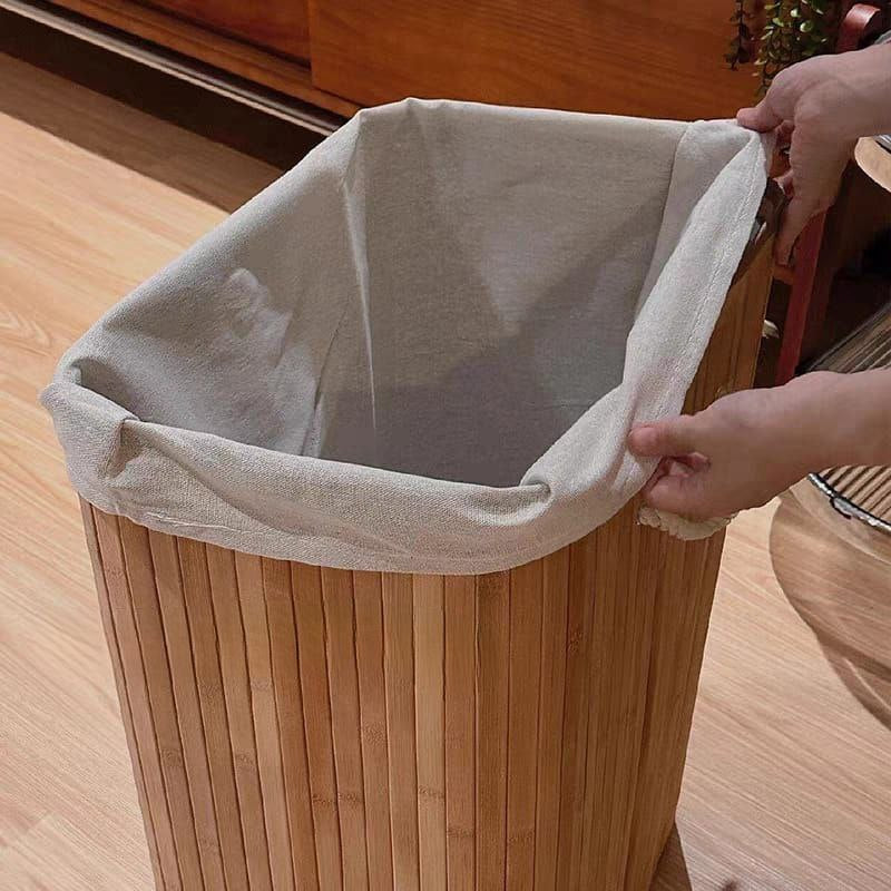 باسكت خشب بامبو مبطن بكتان | Bamboo Laundry Basket – Linen