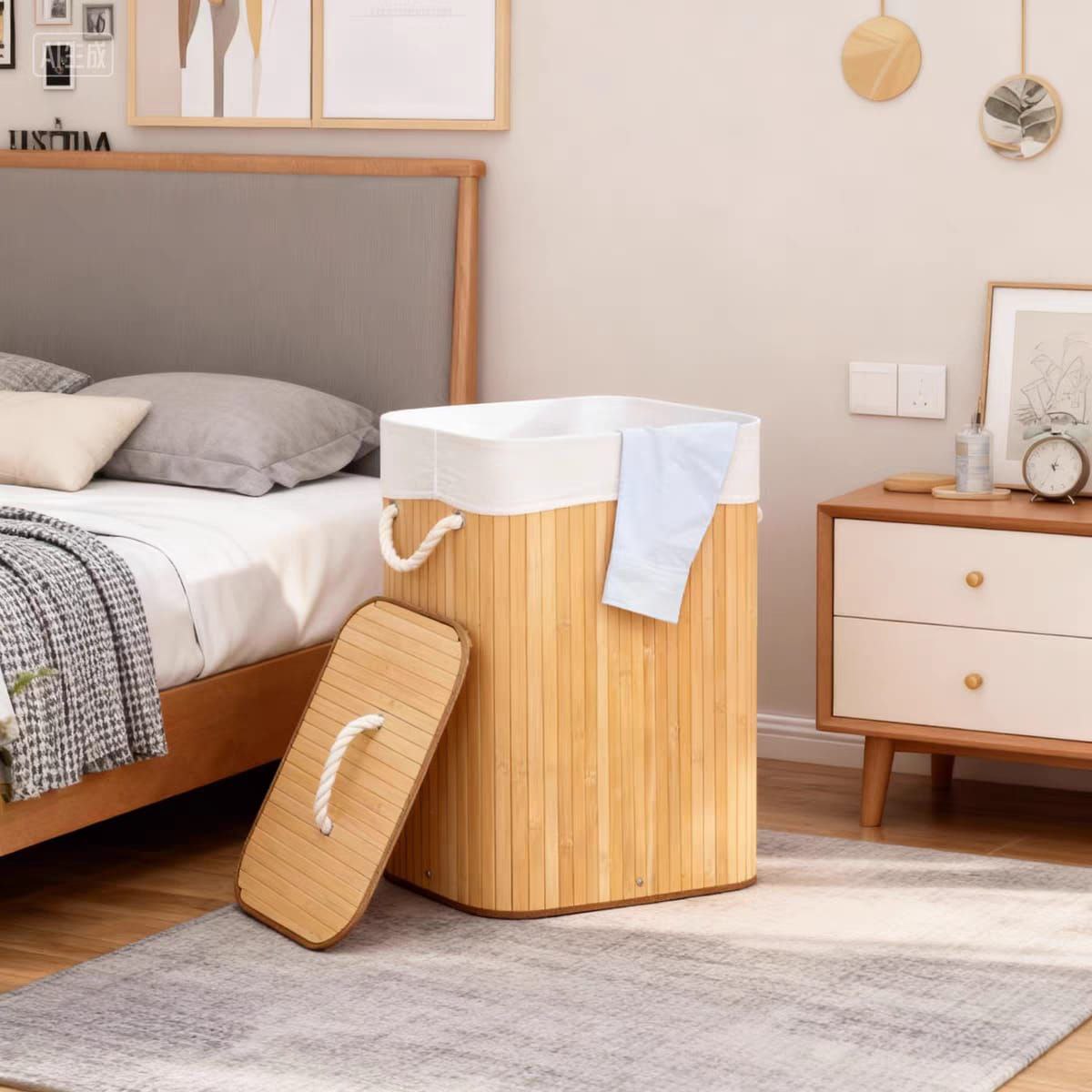 باسكت خشب بامبو مبطن بكتان | Bamboo Laundry Basket – Linen
