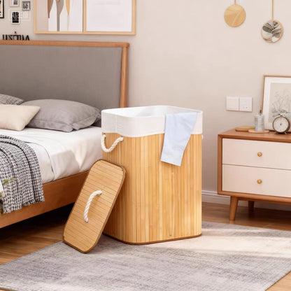 باسكت خشب بامبو مبطن بكتان | Bamboo Laundry Basket – Linen