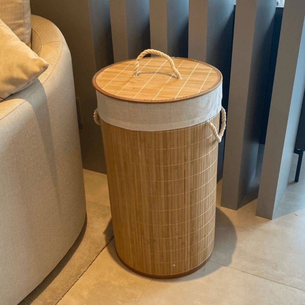 باسكت غسيل بامبو مبطن بكتان | Round Seagrass Laundry Basket – Bamboo & Linen Lined