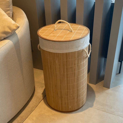 باسكت غسيل بامبو مبطن بكتان | Round Seagrass Laundry Basket – Bamboo & Linen Lined