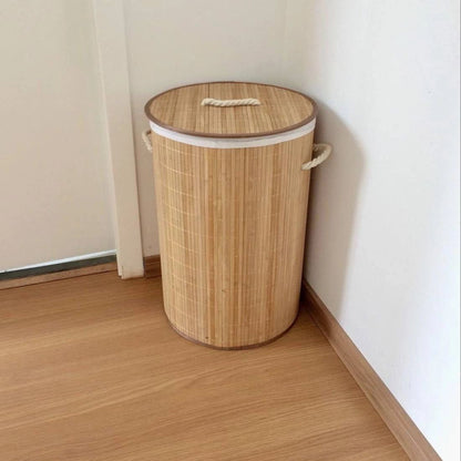 باسكت غسيل بامبو مبطن بكتان | Round Seagrass Laundry Basket – Bamboo & Linen Lined