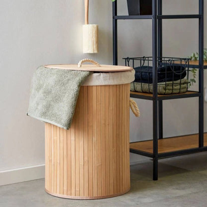 باسكت غسيل بامبو مبطن بكتان | Round Seagrass Laundry Basket – Bamboo & Linen Lined