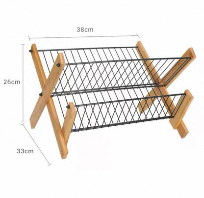 Foldable 2-Tier Dish Drying Rack — Wood & Metal