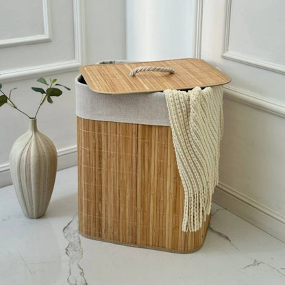 باسكت خشب بامبو مبطن بكتان | Bamboo Laundry Basket – Linen