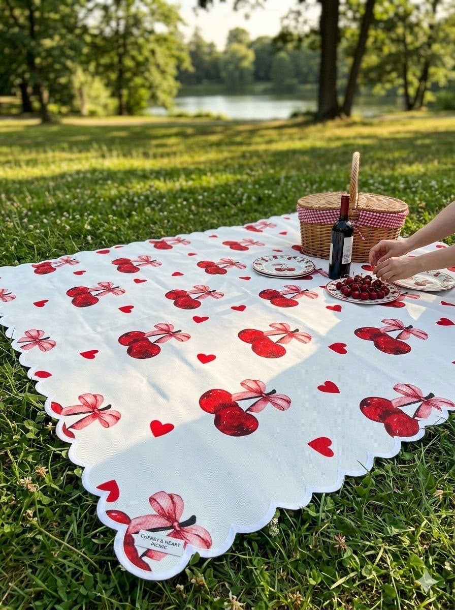 مفارش البيكنك التريند - تصميم الكرز والفيونكة الوردي | Trendy Picnic Blankets - Cherry & Pink Bow Design