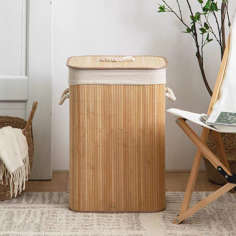 باسكت خشب بامبو مبطن بكتان | Bamboo Laundry Basket – Linen