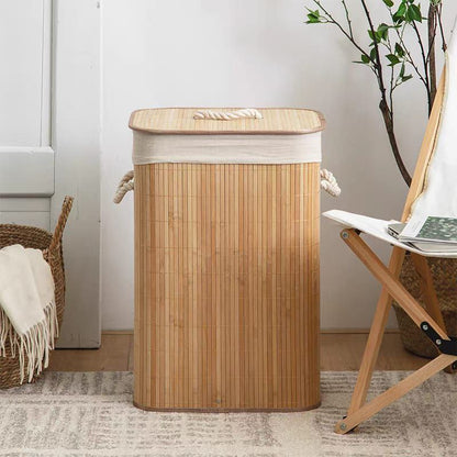 باسكت خشب بامبو مبطن بكتان | Bamboo Laundry Basket – Linen