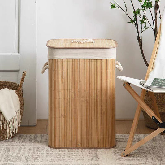 باسكت خشب بامبو مبطن بكتان | Bamboo Laundry Basket – Linen