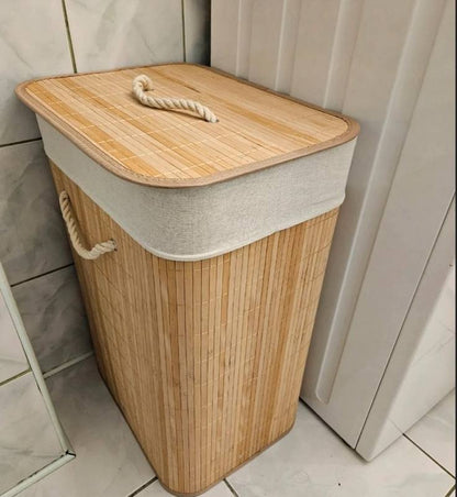 باسكت خشب بامبو مبطن بكتان | Bamboo Laundry Basket – Linen