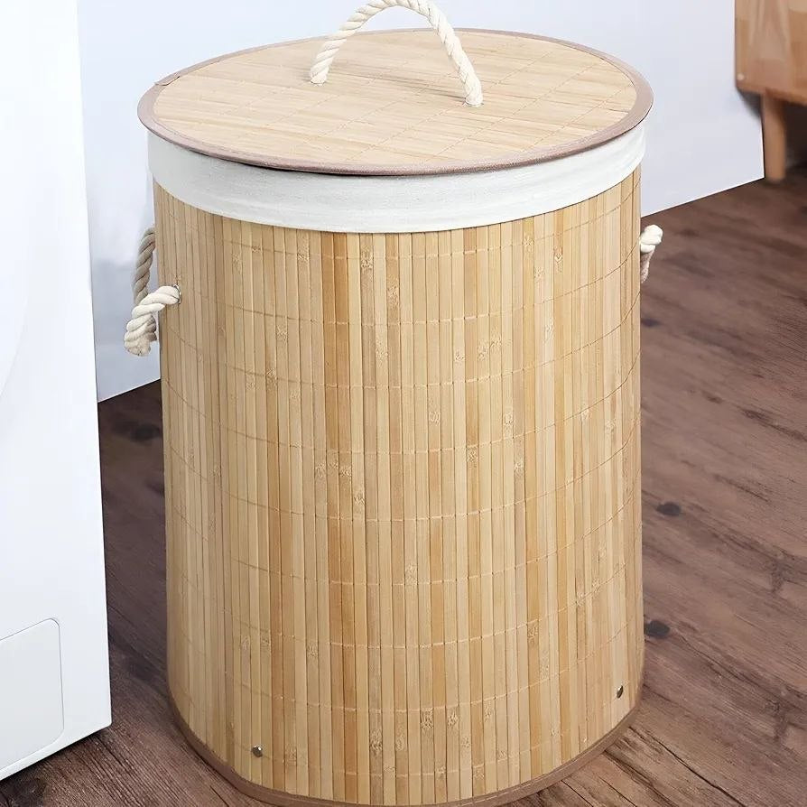 باسكت غسيل بامبو مبطن بكتان | Round Seagrass Laundry Basket – Bamboo & Linen Lined