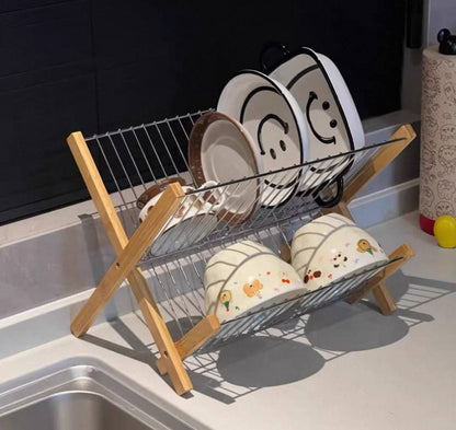Foldable 2-Tier Dish Drying Rack — Wood & Metal
